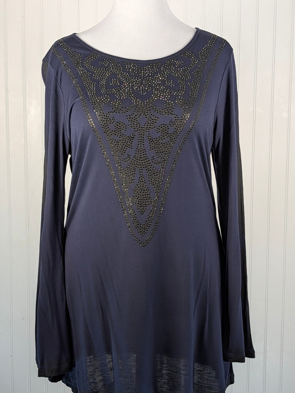 INC International Concepts Navy Black Studded Long Sleeve Tunic Top Lg.Petite